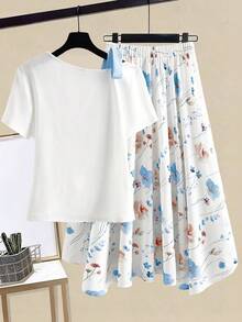 Franclia Ensemble de 2 pièces pour femmes grandes tailles : T-shirt à manches courtes avec nœud papillon et jupe imprimée fleurie. Tenue de vacances/rendez-vous - Bleu et Blanc - Voir 2