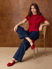 MOTF WOMEN ELEGANT VERSATILE COMMUTING VELVET FLORAL EMBROIDERY BUCKLE STRAP FLATS VALENTINE'S DAY SPRING SHOES - Red - View 3