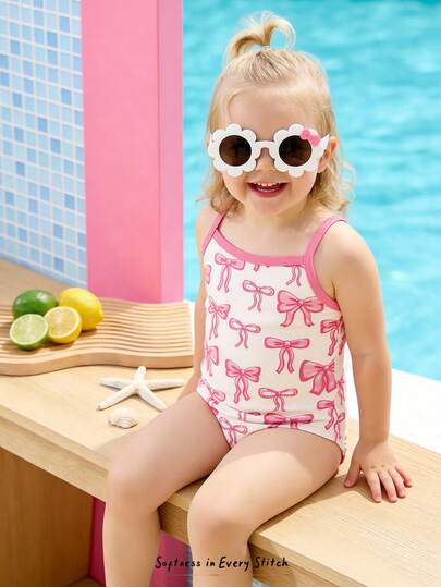 SHEIN Cute & Sweet Bowknot Print Sleeveless Bodysuit For Baby Girls, Casual & Minimalist, Suitable For Spring/Summer Beach Vacation, Tropical Travel, Island Resort, One Piece Swimsuit, Vacation, Beach, Beachwear, Resort Style, Vacation Outfits