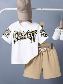 SHEIN GraphicGems 2pcs/Set Young Boy Short Sleeve T-Shirt And Shorts,Apricot Color Graffiti Face,Casual Street Style Comfortable For Summer Daily Wear - Khaki - View 3