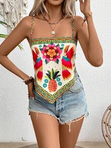 Breezaya 女士夏季度假风格花卉印花不对称下摆吊带背心图案 T 恤女士上衣 - 彩色 - 查看 4