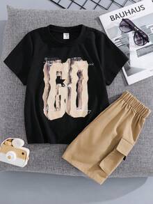 SHEIN 2件套男童休闲百搭圆领T恤和卡其色工装短裤套装，适合春夏季节日常穿着、运动、郊游、上学、聚会、节日、演出和拍照等场合。 - 卡其色 - 查看 3