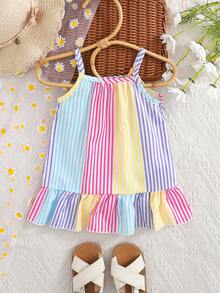 SHEIN Playful Pals 女婴休闲可爱多色条纹印花梭织连衣裙，夏季 - 彩色 - 查看 2