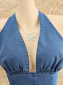 SHEIN MOD Women's Denim Patchwork Ruffle Hem Sexy Halter Neck Dress - Multicolor - View 3