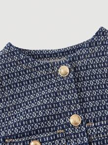 SHEIN MOD Women's Round Neck All-Over Print Elegant Waist Cinched Denim Party Dress - Dark Wash - View 3