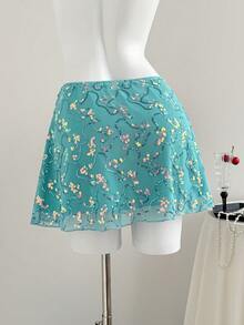 Elamini Falda corta de paraguas bordada en malla de estilo chino sexy, minifalda de verano para mujer - Azul - Ver 2