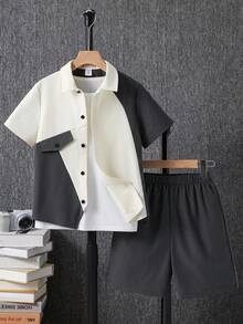 SHEIN 两件套男童休闲撞色Polo领短袖衬衫和灰色短裤套装，卡其色衬衫，适合春夏季节、外出、情人节、约会、旅行、度假、家庭聚会、返校、婚礼、晚宴、运动、生日派对等场合。 - 彩色 - 查看 5