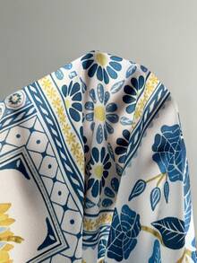 Rusticease Plus Size Women Tropical Shell Print White Blue,Summer,Boho,Casual,Vacation,Holiday Floral V-Neck Button Design Shirt,Retro Seaside Country Style Tops - Multicolor - View 8