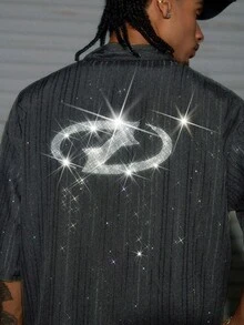 AXEPEAK S017# Men's Grey Rhinestone Decor Single-Breasted Short Sleeve Shirt - Dark Grey - View 2