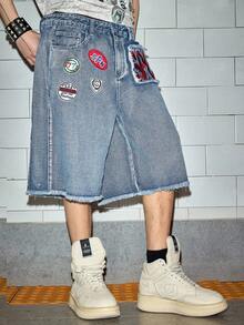 ROMWE MEN Street Life Men's Slogan Logo Embroidered Accent Drawstring Denim Shorts, Collegiate Style - Blue - View 4