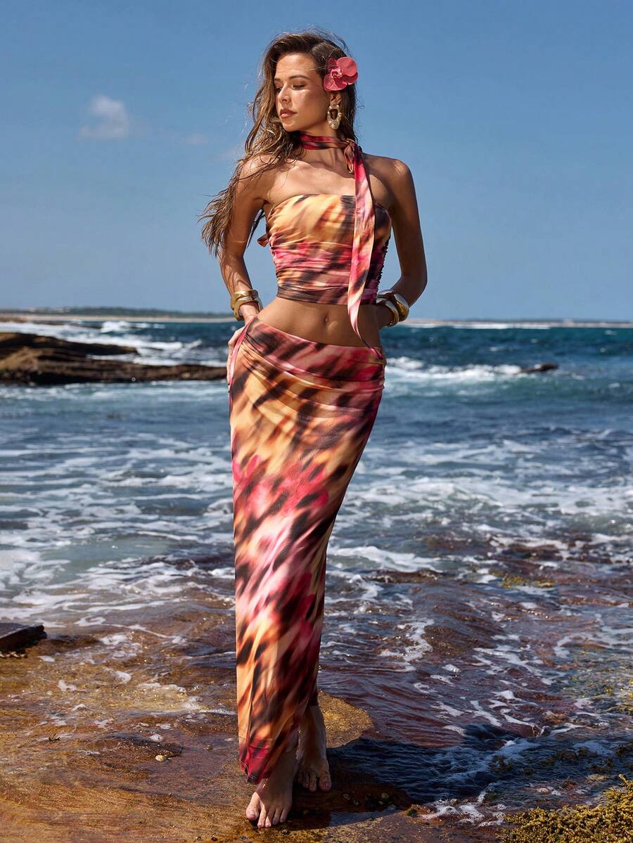 Opulessa Women's Knit Mesh Printed Cropped Tube Top & High Waist Bodycon Skirt 2-Piece Set, Suitable For Spring/Summer Vacation - Multicolor - View 1