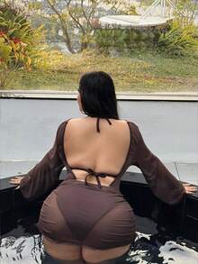 Swim SXY European & American Style Brown Sexy Swimsuit Set, Deep V Metallic Buckle Halter Design With Mesh Long Sleeve Cover-Up, Spa Swimwear - Brown - View 6