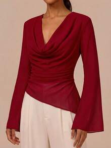 COSMINA Women's Elegant Cowl Neck Flare Sleeve Chiffon Blouse,Burgundy Ruched Top For Autumn Dinner Date,Asymmetric Hem Lightweight Casual Outing - Burgundy - View 6