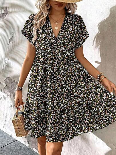 SHEIN LUNE Vestido casual vintage con cuello en V y estampado floral para mujer de talla grande, adecuado para citas, vacaciones, verano