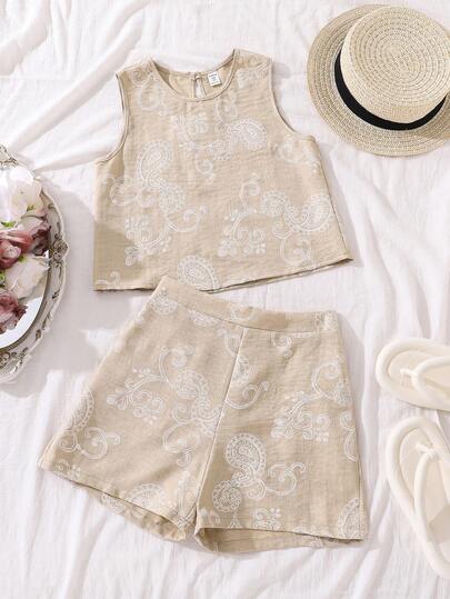 Tween Girls Sleeveless Top And Shorts Set, White Print Pattern On Beige Fabric, Suitable For Vacation, Casual Daily Wear And Social Gatherings