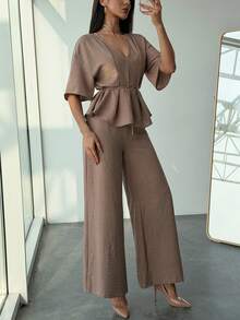 Aloruh Women's Fashion Drop Shoulder V-Neck Blouse & Pants 2 Pieces Set - Khaki - View 5