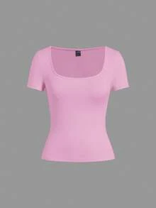 SHEIN EZwear 3件/套 女士针织T恤，多色，春夏基础款T恤 女士方领上衣 套装 纯色T恤 女士基础款上衣 多件装上衣 女士短袖上衣 修身款上衣 - 彩色 - 查看 11