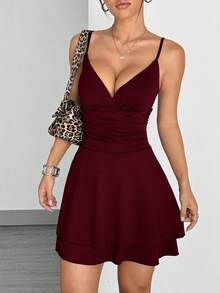 SHEIN EZwear 女士新款酒红色纯色针织褶皱腰部吊带连衣裙，性感约会之夜连衣裙，开衩大腿连衣裙，生日晚宴连衣裙，性感酒红色连衣裙，女士连衣裙，迷你连衣裙，性感夜店连衣裙，性感鸡尾酒会连衣裙，酒红色连衣裙，女士优雅裹身连衣裙，女士夜店装扮，女士连衣裙，正式服装，女士派对连衣裙，惊艳连衣裙 - 酒紅色 - 查看 4