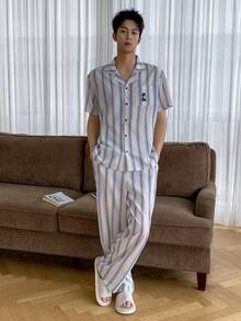 DAZY Ensemble pyjama homme à imprimé floral, manches courtes et pantalon, printemps/été - Multicolore - Voir 3