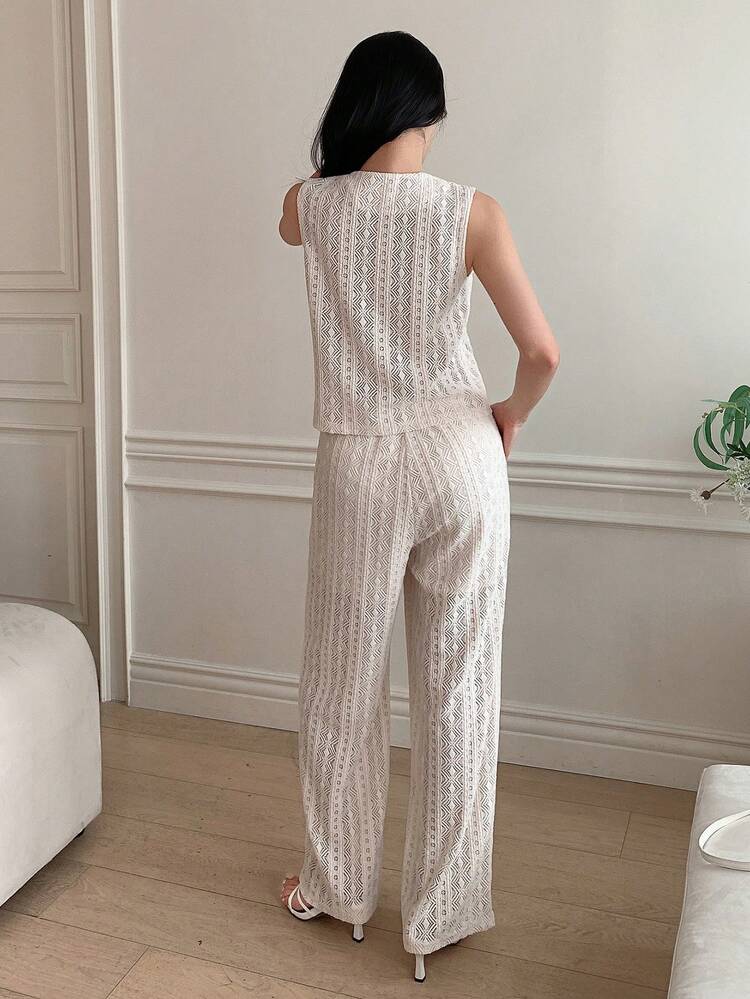 Women's Casual Solid Color Textured Pocket Vest And Wide Leg Pants 2 Pieces Set, Spring/Summer,Wedding Guest Dress Women