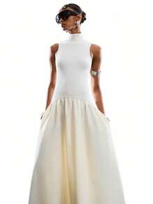 LYSMO 2026 New Arrive Minimalism Spring/Summer Women's Fashion Ribbed Knit Patchwork Turtleneck Sleeveless Dress - Beige - View 3