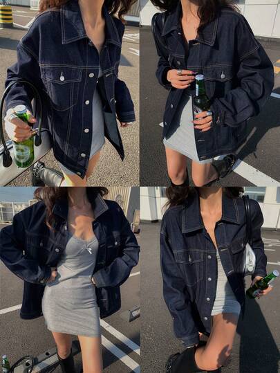 DAZY Chaqueta vaquera de manga larga con cuello vuelto, de un solo pecho, con bolsillo, versátil y casual para uso diario para adolescentes