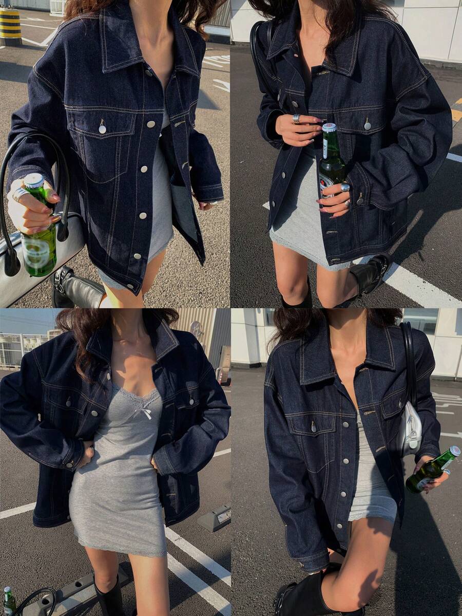 DAZY 少女翻领单排扣口袋休闲百搭日常长袖牛仔外套 - 藍色 - 查看 1