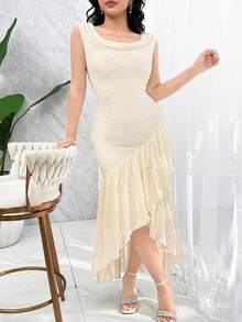 Modelyn Champagne Ivory Lace Cowl Neck Asymmetrical Ruffle Midi Dress For Women, Elegant Sleeveless High-Low Wedding Guest Dress For Bridal Shower, Garden Party, Vacation & Summer Occasion Wear,Women's Solid Color Ruffled Collar Sleeveless Asymmetrical Hem Dress, Summer For Women New Arrival Elegant Dress For Women New Arrival Spring And Summer Elegant Dress White Dress For Woman Ruffle Hem Dress Zanea Dress For Woman Ladies Dresses Yisikado Dress,Summer Dresses For Women - White - View 4