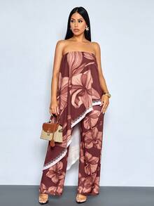 SOLERSUN Bộ jumpsuit nữ dáng rộng, trễ vai, in hoa, chất liệu chiffon, hoàn hảo cho kỳ nghỉ, hẹn hò hoặc những buổi đi chơi thường ngày, trang phục thường nhật sang trọng. - Đỏ - Xem 6