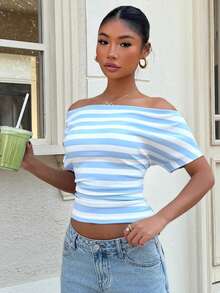 Muchica Women's New Knitted Striped Off-Shoulder Ruched T-Shirt, Spring/Summer - Blue and White - View 5