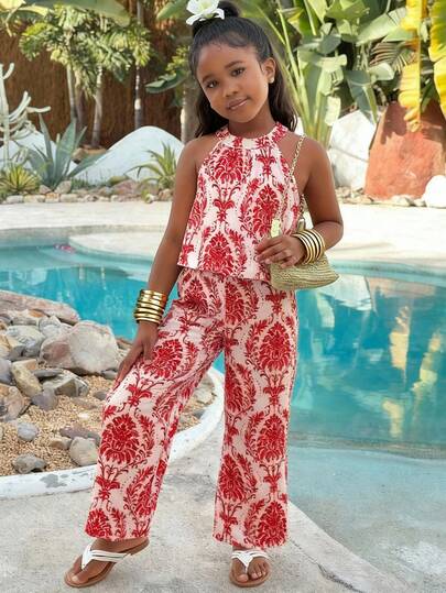 Sparklyn Girls' Beach Vacation Basic Halter Shirt + Loose 3/4 Pants Woven Floral 2 Pieces Set