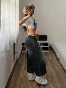 StreetHx 女士纯色斜插口袋休闲百搭阔腿牛仔裤 - 深灰色 - 查看 4