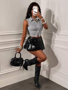 Glyssa Women's Striped Casual Street Style White Polo Collar Pocket Cropped Top With Criss-Cross Back Straps - Black and White - View 5