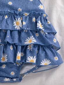 SHEIN Vintaside Kids Bộ áo liền quần tay ngắn nhiều lớp bèo nhún, thoải mái, dễ thương cho bé gái, chất liệu vải dệt, phù hợp cho mùa xuân/hè. - Màu xanh lam - Xem 6