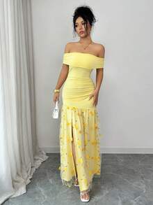 Elenzga 女士优雅露肩短袖褶皱修身花卉网纱连衣裙，适合度假、海滩、旅行 - 淡黃色 - 查看 4