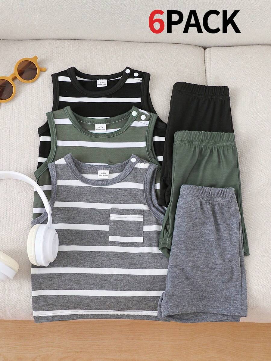SHEIN Playful Pals 3件套男婴/男女通用婴儿幼儿新生儿0-3岁条纹圆领露肩背心带口袋和短裤，易于穿脱，百搭夏季套装，男婴套装，度假休闲套装 - 彩色 - 查看 1