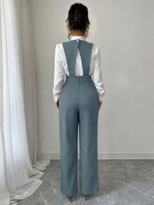 Elenzga 女士新款休闲纽扣设计阔腿连体裤 - 霧霾藍 - 查看 2