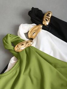 Sweetra 女士夏季欧美时尚纯色三件套，金属装饰扭结下摆不对称下摆修身休闲通勤百搭T恤 - 彩色 - 查看 7