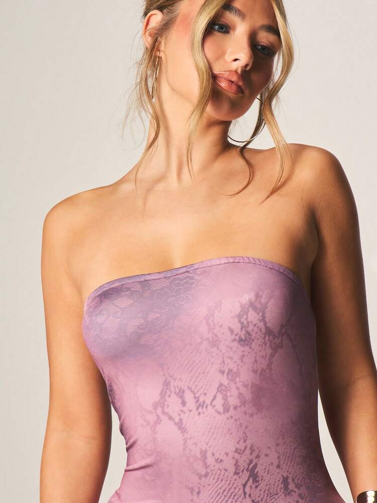 MISSGUIDED Strapless Mauve Snake Print Bodycon Maxi Dress With Ruching Detail For Evening Party Occasions
