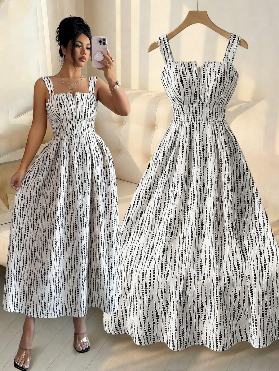 Elenzga Women's Asymmetrical Collar Waist Cinched Back Gathered Design Colorful Printed Fabric Loose Dress, Elegant Casual Vacation Vibe, Suitable For Carnival, Labor Day, Easter, Student, Campus, Beach Holiday, Travel, Garden, Summer New Fashion Essential - Multicolor - View 1