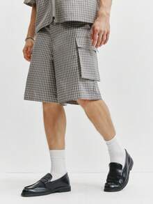 TOKVUE 男士休闲日常百搭通勤格子刺绣衬衫套装 - 灰色 - 查看 6