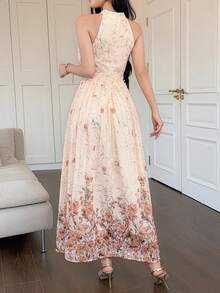 DAZY Women's Elegant Floral Print Sleeveless Dress With Stand Collar, Summer Wedding Guest Dress Sundress - Gold - View 2