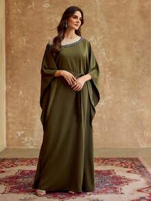 ZEYLAH Women's Elegant Rhinestone Hollow-Out Patchwork Dress - Green - View 4