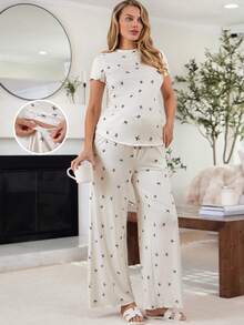 SHEIN 两件套孕妇休闲蝴蝶结T恤和裤子套装 - 杏色 - 查看 1