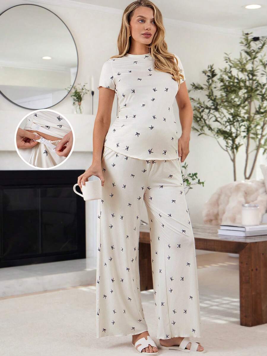 SHEIN 两件套孕妇休闲蝴蝶结T恤和裤子套装 - 杏色 - 查看 1