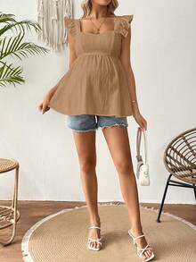 SHEIN Áo sơ mi nữ bầu màu trơn cổ tim tay ngắn xếp ly bèo nhún kiểu dáng thường ngày - Màu Khaki - Xem 5