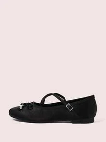 CUCCOO DOLLMOD Black Faux Silk Satin Soft Bow Criss-Cross Strap Flat Ballet Shoes Mary Jane Shoes For Women - Black - View 2