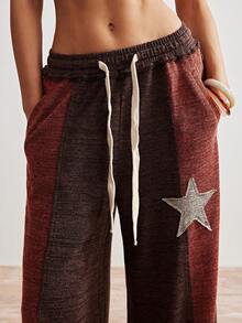 Bohemela 波西米亚风休闲针织拼接星形图案阔腿裤 - 卡其色 - 查看 3