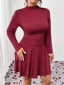 SHEIN PETITE CURVE Đầm dạ hội hai lớp dài tay cổ cao ôm sát, co giãn, dài đến đầu gối dành cho nữ cỡ lớn, thanh lịch, phù hợp cho các buổi đi chơi thường ngày, đi làm, mặc hàng ngày và ngày Valentine. - Đỏ - Xem 4