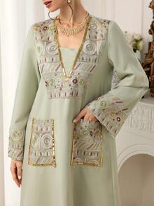 Al Najma Women's Sequin Patchwork Pocket Casual Party Outing Arabic Traditional Dress - Apricot - View 4